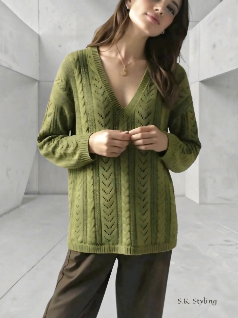 Vintage GAP Cable Knit Sweater Womens L Green Cotton Ramie Deep V Neck Pointelle